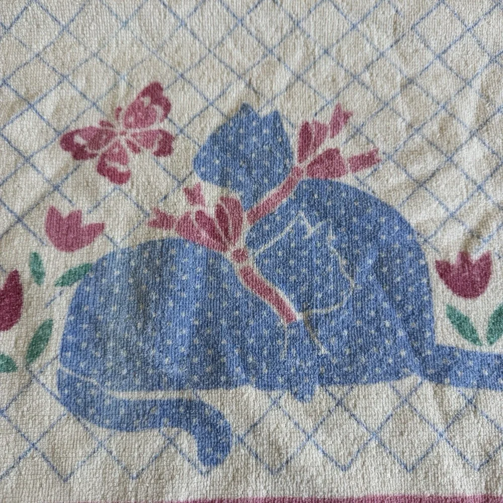 Vintage Cannon Bath Towel Blue Cat Pink Flowers Fringe Retro Cottagecore 80s 90s